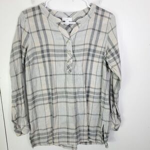 J Jill Top Womens XS Petite Popover Plaid Light Collarless Long Sleeve Shirt